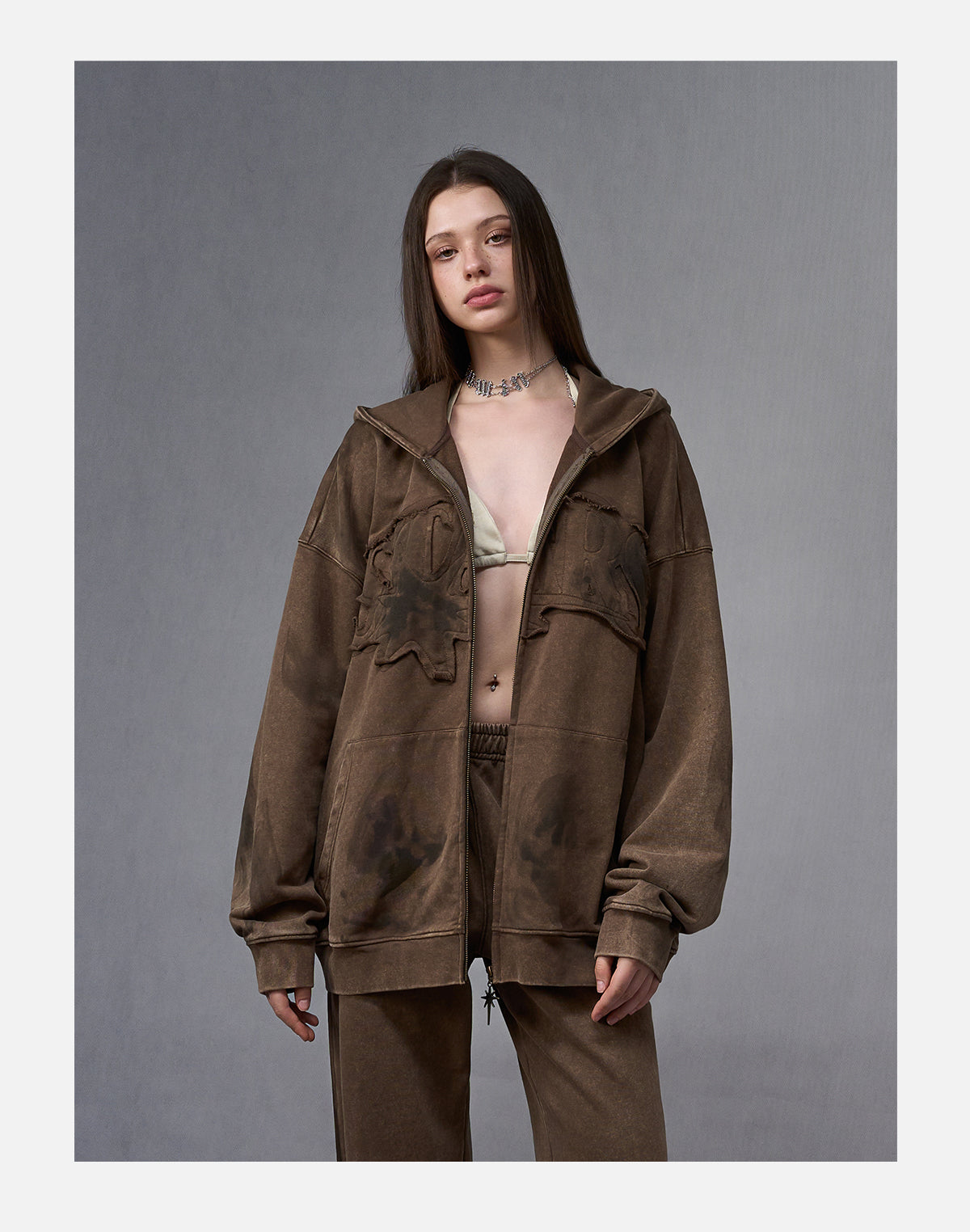 Brown Embroidered Zip Hoodie