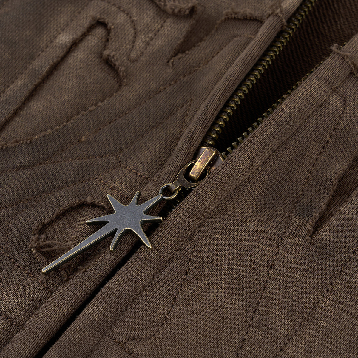 Brown Embroidered Zip Hoodie
