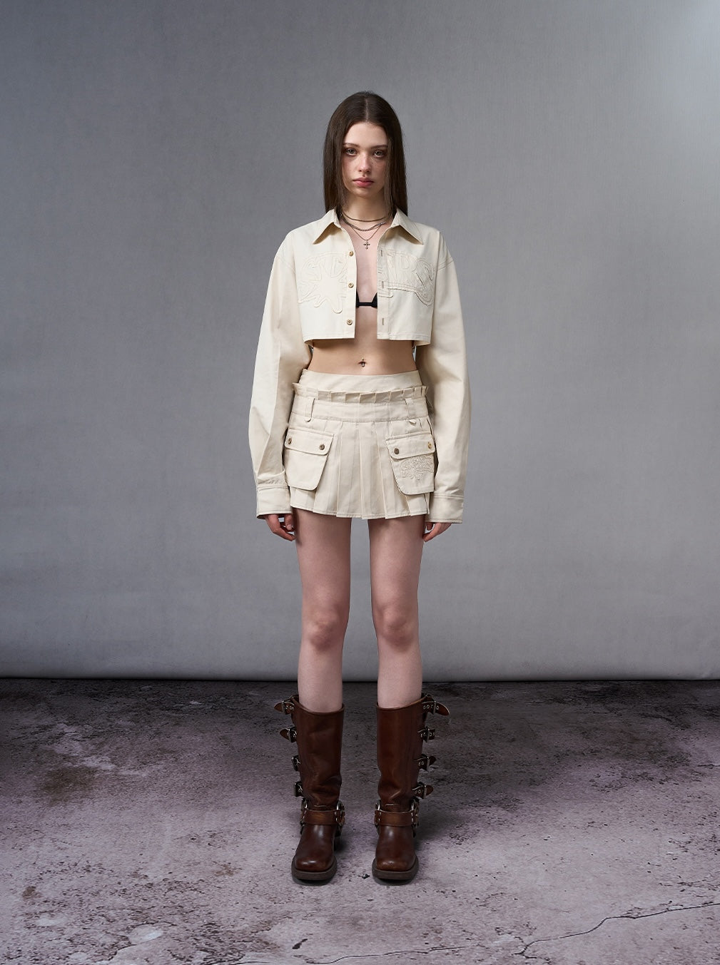 Beige Pleated Mini skirt